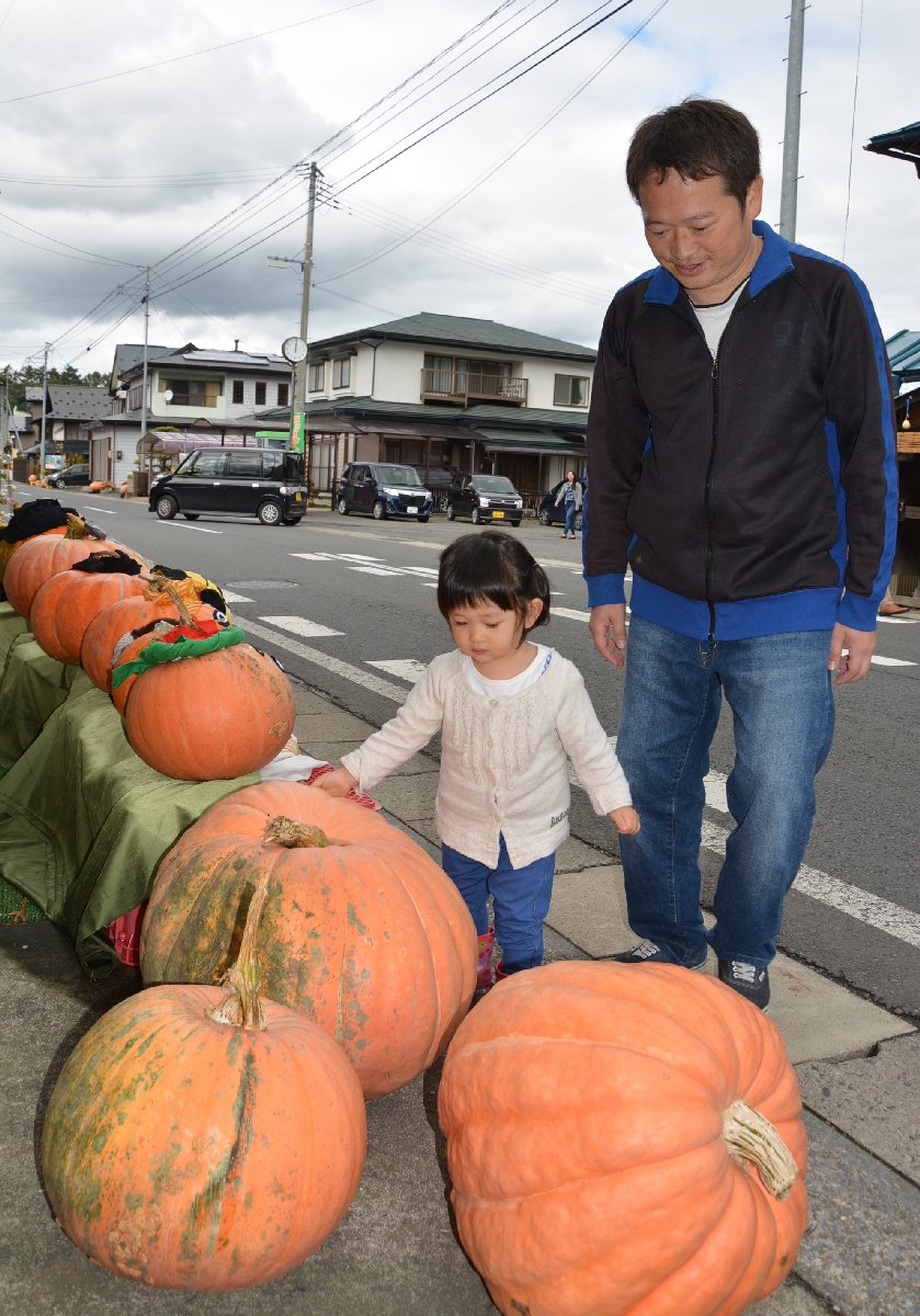 九戸村戸田地区の国道340号沿いに飾られたカボチャを見る家族連れ