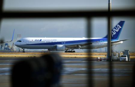 邦人を乗せて中国・武漢から到着した日本政府の全日空チャーター機=1月29日、羽田空港