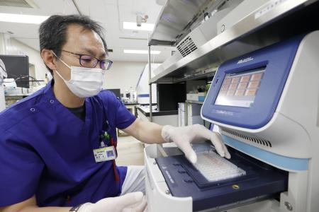 処理を終えた検体を「リアルタイムPCR検査装置」にかける臨床検査技師の男性=5月、札幌市の北海道大病院